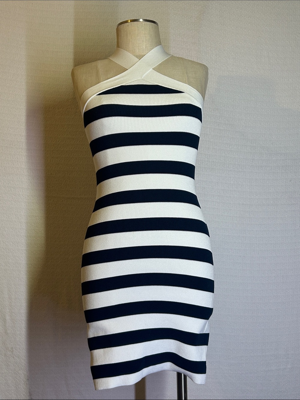 Babaton Navy and White Striped Halter Mini Dress